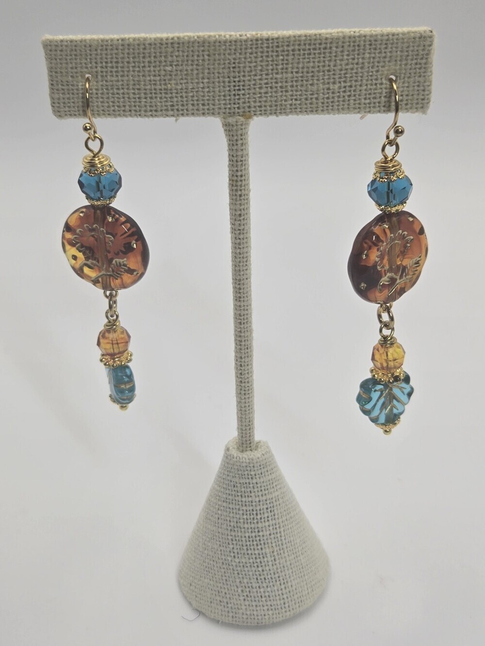 Boho Dangle Earrings Amber & Aquamarine Colored Beads Leaf & Gold Tone